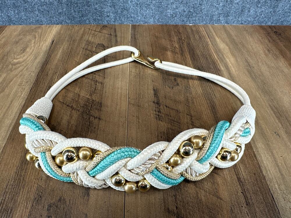 Vintage 80s Braided Rope Belt Turquoise Ivory Gold Beaded Statement Boho